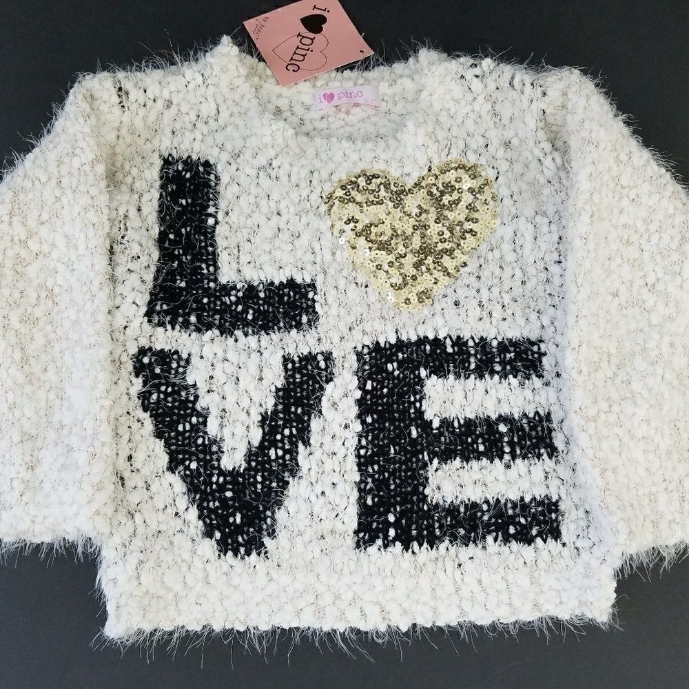 I Love Pinc Toddler Girl Sweater Sz 2T Boucle White White Gold Sequined